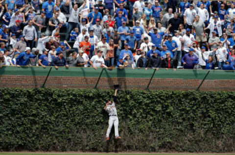 CHICAGO, IL – MAY 25: Mac Williamson #51 of the San Francisco Giants leaps in to the ivy to in an attempt to make a catch as fans reach for the home run ball of Kris Bryant #17 of the Chicago Cubs (not pictured) during the first inning at Wrigley Field on May 25, 2017 in Chicago, Illinois. (Photo by Jon Durr/Getty Images)