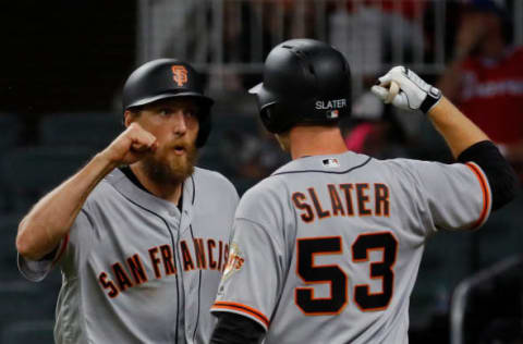 ATLANTA, GA – JUNE 21: Hunter Pence #8 of the San Francisco Giants celebrates with Austin Slater #53 after hitting a solo homer in the ninth inning against the Atlanta Braves at SunTrust Park on June 21, 2017 in Atlanta, Georgia. (Photo by Kevin C. Cox/Getty Images)