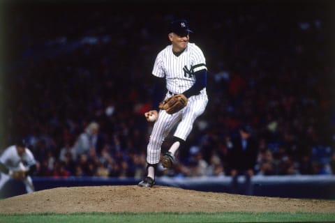 Pitcher Phil Niekro #35 of the New York Yankees pitches to the Toronto Blue Jays at Yankee Stadium during a season game on September 12, 1985, in the Bronx, New York. The Blue Jays defeated the Yankees 3-2. (Photo by Ronald C. Modra/Getty Images)