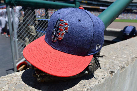 DETROIT, MI – JULY 04: A detailed view of the special red, white and blue hat worn by San Francisco Giants players and coaches to honor Independence Day during the Fourth of July game against the Detroit Tigers at Comerica Park on July 4, 2017 in Detroit, Michigan. The Tigers defeated the Giants 5-3. (Photo by Mark Cunningham/MLB Photos via Getty Images)