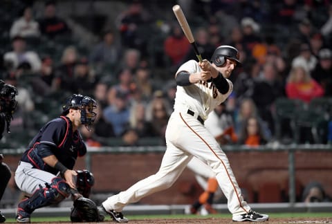 Conor Gillaspie #21 of the SF Giants hits a double against the Cleveland Indians in the bottom of the 10th inning at AT&T Park on July 18, 2017. (Photo by Thearon W. Henderson/Getty Images)