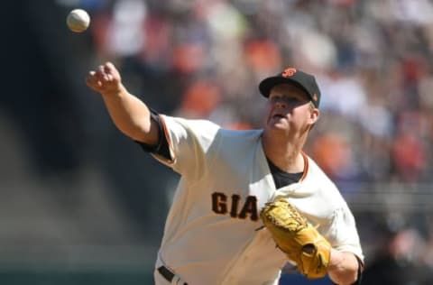 SAN FRANCISCO, CA – SEPTEMBER 30: Matt Cain #18 of the San Francisco Giants pitches against the San Diego Padres in the top of the first inning at AT&T Park on September 30, 2017 in San Francisco, California. (Photo by Thearon W. Henderson/Getty Images)