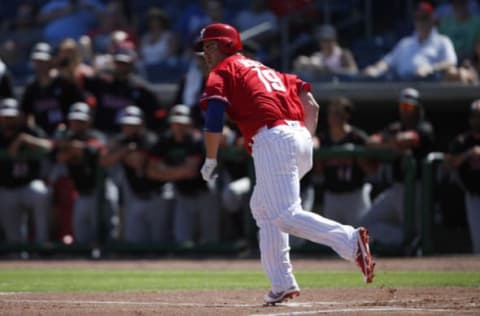 CLEARWATER, FL – FEBRUARY 22: Tommy Joseph #19 of the Philadelphia Phillies drives in Andrew Knapp during the first inning against the University of Tampa during the Spring Training at Spectrum Field on February 22, 2018 in Milwaukee, Wisconsin. (Photo by Mike McGinnis/Getty Images) – SF Giants