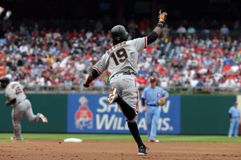 PHILADELPHIA, PA – MAY 10: Alen Hanson #19 of the San Francisco Giants celebrates after hitting a two-run home run in the second inning during a game against the Philadelphia Phillies at Citizens Bank Park on May 10, 2018 in Philadelphia, Pennsylvania. (Photo by Hunter Martin/Getty Images)