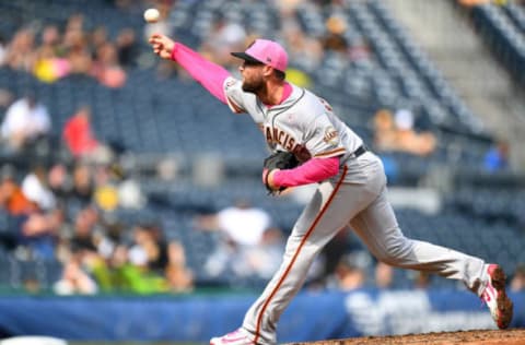 PITTSBURGH, PA – MAY 13: Hunter Strickland #60 of the San Francisco Giants pitches during the ninth inning against the Pittsburgh Pirates at PNC Park on May 13, 2018 in Pittsburgh, Pennsylvania. (Photo by Joe Sargent/Getty Images)