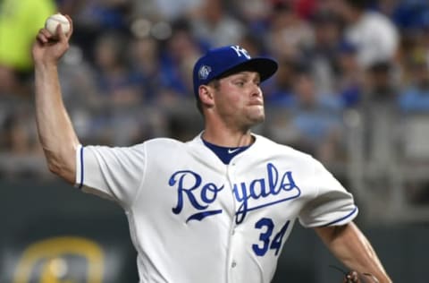 KANSAS CITY, MO – MAY 30: Trevor Oaks #34 of the Kansas City Royals throw in the fifth inning against the Minnesota Twins at Kauffman Stadium on May 30, 2018 in Kansas City, Missouri. (Photo by Ed Zurga/Getty Images)