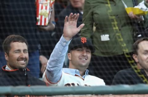 SAN FRANCISCO, CA – JUNE 18: Joey Bart, the number two overall pick in the draft by the San Francisco Giants, waves to the crowd during the Giants game against the Miami Marlins at AT&T Park on June 18, 2018 in San Francisco, California. (Photo by Ezra Shaw/Getty Images)