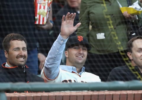 SAN FRANCISCO, CA – JUNE 18: Joey Bart, the number two overall pick in the draft by the San Francisco Giants, waves to the crowd during the Giants game against the Miami Marlins at AT&T Park on June 18, 2018 in San Francisco, California. (Photo by Ezra Shaw/Getty Images)