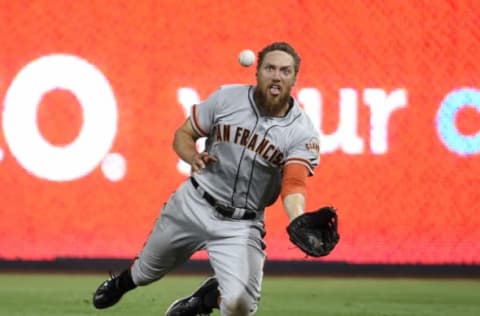 SAN DIEGO, CA – AUGUST 29: Hunter Pence #8 of the San Francisco Giants makes a diving catch on a ball hit by Yangervis Solarte #26 of the San Diego Padres during the seventh inning of a baseball game at PETCO Park on August 29, 2017 in San Diego, California. (Photo by Denis Poroy/Getty Images)