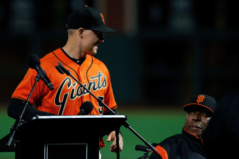 SAN FRANCISCO, CA – SEPTEMBER 29: Hundley #5 of the San Francisco Giants is presented with the 2017 Willie Mac Award by Hall of Fame first baseman McCovey before the game against the San Diego Padres at AT&T Park on September 29, 2017 in San Francisco, California. (Photo by Jason O. Watson/Getty Images)