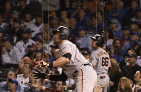 CHICAGO, IL – MAY 22: Justin Ruggiano #39 of the San Francisco Giants watches his home run against the Chicago Cubs during the eighth inning on May 20, 2017 at Wrigley Field in Chicago, Illinois. (Photo by David Banks/Getty Images)