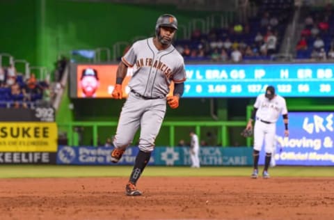 MIAMI, FL – AUGUST 15: Denard Span #2 of the San Francisco Giants hits a homerun in the third inning during the game between the Miami Marlins and the San Francisco Giants at Marlins Park on August 15, 2017 in Miami, Florida. (Photo by Mark Brown/Getty Images)