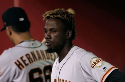 PHOENIX, AZ – SEPTEMBER 25: Orlando Calixte #46 of the San Francisco Giants looks out toward the field from the dugout during the eighth inning of a MLB game against the Arizona Diamondbacks at Chase Field on September 25, 2017 in Phoenix, Arizona. The Giants defeated the Diamondbacks 9-2. (Photo by Ralph Freso/Getty Images)