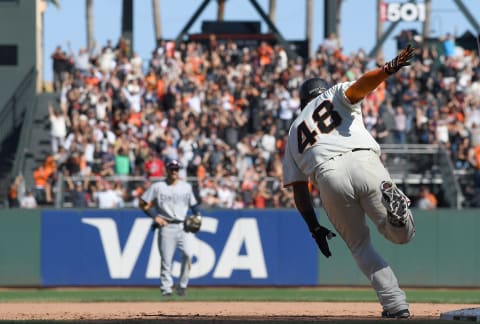 SAN FRANCISCO, CA – OCTOBER 01: Pablo Sandoval #48 of the San Francisco Giants celebrates as he trots around the bases after hitting a walk-off solo home run to defeat the San Diego Padres 5-4 at AT&T Park on October 1, 2017 in San Francisco, California. (Photo by Thearon W. Henderson/Getty Images)