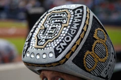 ATLANTA, GA – JUNE 01: A fan of the San Francisco Giants shows off his hat during the first inning against the Atlanta Braves at Turner Field on June 1, 2016 in Atlanta, Georgia. (Photo by Kevin C. Cox/Getty Images)