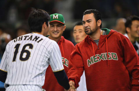 TOKYO, JAPAN - NOVEMBER 10: Designated hitter Shohei Ohtani (L) #16 of Japan and Infielder 