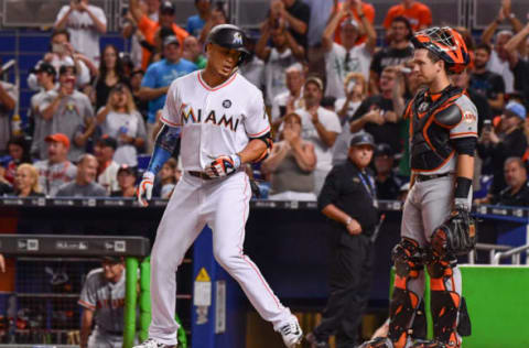 MIAMI, FL – AUGUST 15: Giancarlo Stanton #27 of the Miami Marlins hits a homerun in the third inning during the game between the Miami Marlins and the San Francisco Giants at Marlins Park on August 15, 2017 in Miami, Florida. (Photo by Mark Brown/Getty Images)