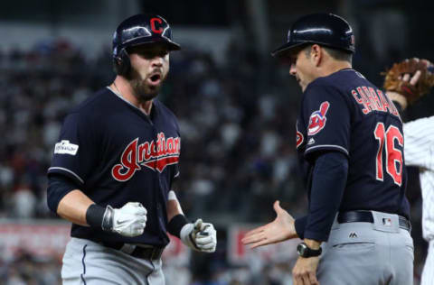 NEW YORK, NY – OCTOBER 08: Jason Kipnis #22 of the Cleveland Indians celebrates after hitting a triple during the fourth inning against the New York Yankees in game three of the American League Division Series at Yankee Stadium on October 8, 2017 in New York City. (Photo by Al Bello/Getty Images)