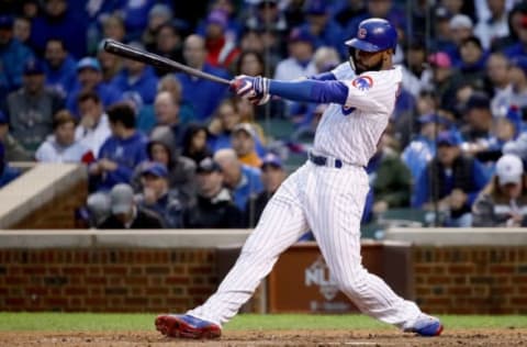 CHICAGO, IL – OCTOBER 11: Jason Heyward #22 of the Chicago Cubs hits a single in the fifth inning during game four of the National League Division Series against the Washington Nationals at Wrigley Field on October 11, 2017 in Chicago, Illinois. (Photo by Jonathan Daniel/Getty Images)