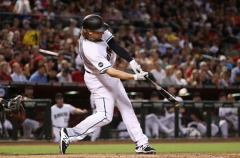 PHOENIX, AZ – SEPTEMBER 09: Kyle Jensen #29 of the Arizona Diamondbacks hits a two-run home run against the San Francisco Giants during the third inning of the MLB game at Chase Field on September 9, 2016 in Phoenix, Arizona. (Photo by Christian Petersen/Getty Images)