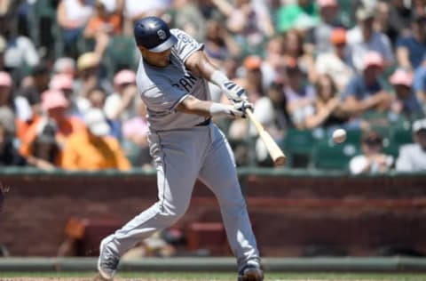 SAN FRANCISCO, CA – JULY 23: Hector Sanchez #44 of the San Diego Padres hits an rbi double scoring Jabari Blash #32 against the San Francisco Giants in the top of the fourth at AT&T Park on July 23, 2017 in San Francisco, California. (Photo by Thearon W. Henderson/Getty Images)