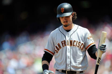 WASHINGTON, DC – AUGUST 13: Jarrett Parker #6 of the San Francisco Giants walks to the dugout after striking out in the second inning against the Washington Nationals during Game 1 of a doubleheader at Nationals Park on August 13, 2017 in Washington, DC. (Photo by Greg Fiume/Getty Images)