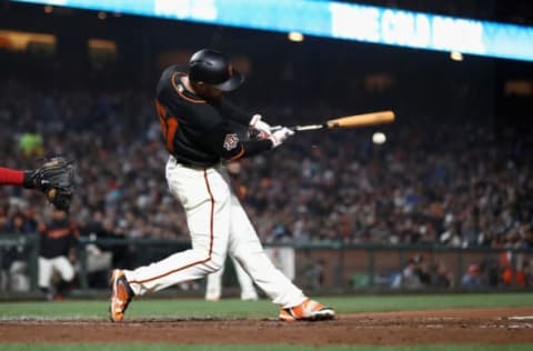 SAN FRANCISCO, CA – APRIL 23: Mac Williamson #51 of the San Francisco Giants hits a fielders choice to third base that scored Evan Longoria #10 in the fourth inning against the Washington Nationals at AT&T Park on April 23, 2018 in San Francisco, California. (Photo by Ezra Shaw/Getty Images)