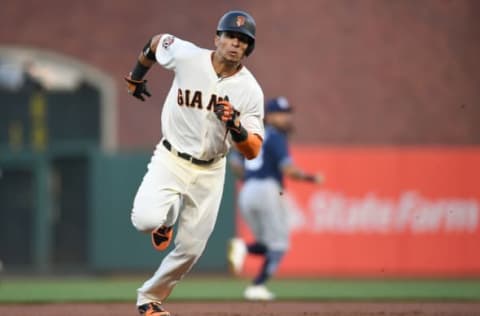 SAN FRANCISCO, CA – APRIL 30: Gorkys Hernandez #7 of the San Francisco Giants runs the bases to score on an rbi triple from Andrew McCutchen #22 against the San Diego Padres in the bottom of the first inning at AT&T Park on April 30, 2018 in San Francisco, California. (Photo by Thearon W. Henderson/Getty Images)