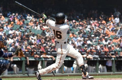 SAN FRANCISCO, CA – MAY 02: Austin Jackson #16 of the San Francisco Giants hits a bases loaded two-run rbi double against the San Diego Padres in the bottom of the first inning at AT&T Park on May 2, 2018 in San Francisco, California. (Photo by Thearon W. Henderson/Getty Images)