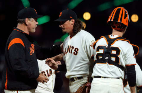 SAN FRANCISCO, CA – MAY 17: Jeff Samardzija #29 of the San Francisco Giants is relieved by manager Bruce Bochy #15 during the seventh inning against the Colorado Rockies at AT&T Park on May 17, 2018 in San Francisco, California. (Photo by Jason O. Watson/Getty Images)