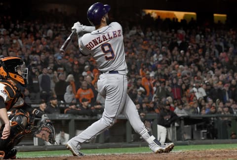 SAN FRANCISCO, CA – AUGUST 06: Marwin Gonzalez #9 of the Houston Astros swings and watches the flight of his ball as he hits a three-run home run against the San Francisco Giants in the top of the ninth inning at AT&T Park on August 6, 2018 in San Francisco, California. The Astros won the game 3-1. (Photo by Thearon W. Henderson/Getty Images)