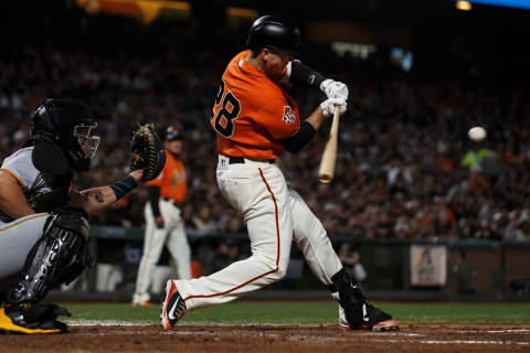 SAN FRANCISCO, CA – AUGUST 10: Buster Posey #28 of the San Francisco Giants hits a two run single against the Pittsburgh Pirates during the third inning at AT&T Park on August 10, 2018 in San Francisco, California. The San Francisco Giants defeated the Pittsburgh Pirates 13-10. (Photo by Jason O. Watson/Getty Images)