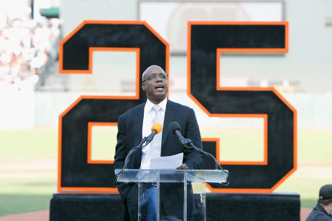 SAN FRANCISCO, CA – AUGUST 11: Former San Francisco Giants player Barry Bonds speaks at a ceremony to retire his #25 jersey at AT&T Park on August 11, 2018 in San Francisco, California. (Photo by Lachlan Cunningham/Getty Images)