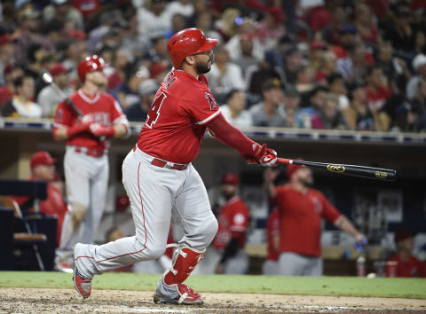 SAN DIEGO, CA – AUGUST 15: Rene Rivera #44 of the Los Angeles Angels hits a solo home run during the ninth inning of a baseball game against the San Diego Padres at PETCO Park on August 15, 2018 in San Diego, California. (Photo by Denis Poroy/Getty Images)