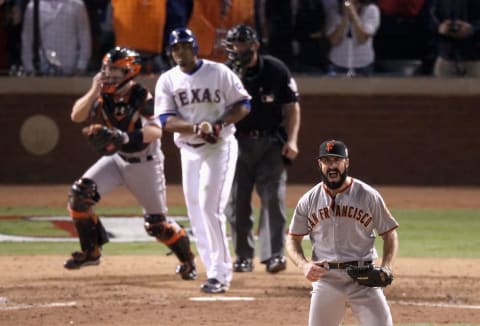 ARLINGTON, TX – NOVEMBER 01: Brian Wilson #38 of the San Francisco Giants celebrates striking out Nelson Cruz #17 of the Texas Rangers to win the 2010 MLB World Series 3-1 at Rangers Ballpark in Arlington on November 1, 2010 in Arlington, Texas. (Photo by Christian Petersen/Getty Images)