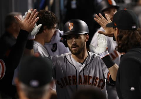 LOS ANGELES, CALIFORNIA – APRIL 03: Steven Duggar #6 of the San Francisco Giants celebrates with teammates in the dugout after hitting a solo home run in the fourth inning during the MLB game against the Los Angeles Dodgers at Dodger Stadium on April 03, 2019 in Los Angeles, California. (Photo by Victor Decolongon/Getty Images)