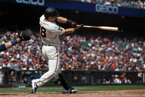 Connor Joe #18 of the SF Giants at bat against the Tampa Bay Rays during the sixth inning at Oracle Park on April 7, 2019 in San Francisco, California. (Photo by Jason O. Watson/Getty Images)