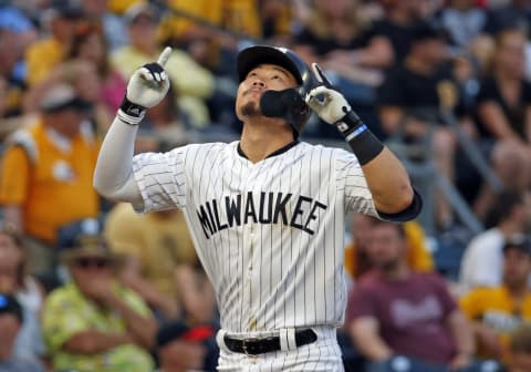 PITTSBURGH, PA – JUNE 01: Keston Hiura #18 of the Milwaukee Brewers reacts after hitting the game-tying home run in the ninth inning against the Pittsburgh Pirates at PNC Park on June 1, 2019 in Pittsburgh, Pennsylvania. (Photo by Justin K. Aller/Getty Images)