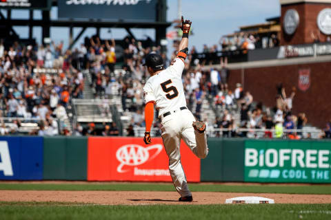 SAN FRANCISCO, CA – JULY 21: Mike Yastrzemski #5 of the San Francisco Giants rounds the bases after hitting a walk-off home run against the New York Mets during the twelfth inning at Oracle Park on July 21, 2019 in San Francisco, California. The San Francisco Giants defeated the New York Mets 3-2 in 12 innings. (Photo by Jason O. Watson/Getty Images)