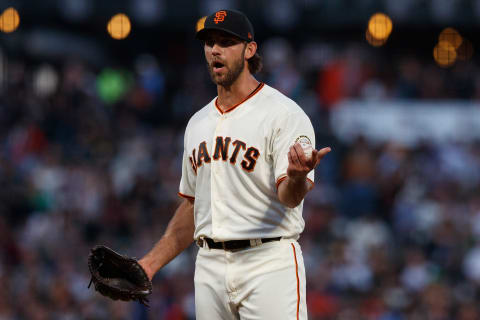 SAN FRANCISCO, CA – AUGUST 13: Madison Bumgarner #40 of the San Francisco Giants reacts after time out was called before a pitch by umpire Doug Eddings (not pictured) during the fifth inning against the Oakland Athletics at Oracle Park on August 13, 2019 in San Francisco, California. The San Francisco Giants defeated the Oakland Athletics 3-2. (Photo by Jason O. Watson/Getty Images)