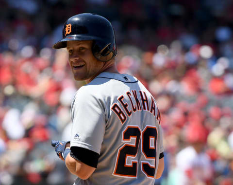 ANAHEIM, CALIFORNIA – JULY 31: Gordon Beckham #29 of the Detroit Tigers reacts to his single during the fourth inning against the Los Angeles Angels at Angel Stadium of Anaheim on July 31, 2019 in Anaheim, California. (Photo by Harry How/Getty Images)