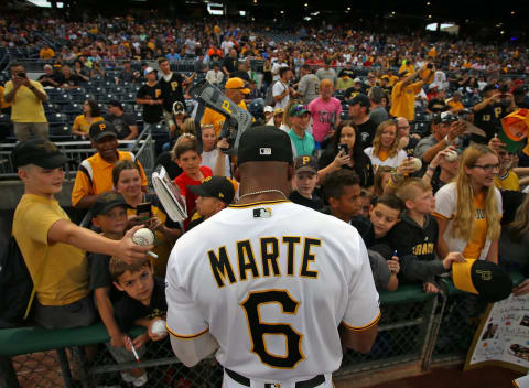 PITTSBURGH, PA – SEPTEMBER 07: Starling Marte #6 of the Pittsburgh Pirates signs autographs before the game against the St. Louis Cardinals at PNC Park on September 7, 2019 in Pittsburgh, Pennsylvania. (Photo by Justin K. Aller/Getty Images)