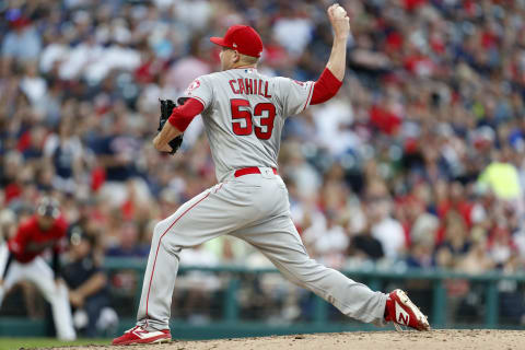 CLEVELAND, OH – AUGUST 03: Trevor Cahill #53 of the Los Angeles Angels of Anaheim pitches against the Cleveland Indians during the fourth inning at Progressive Field on August 3, 2019 in Cleveland, Ohio. The Indians defeated the Angels 7-2. (Photo by David Maxwell/Getty Images)