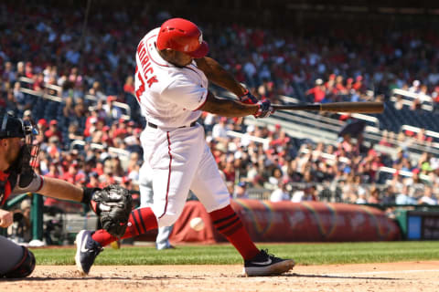 WASHINGTON, DC – SEPTEMBER 15: Howie Kendrick #47 of the Washington Nationals singles in two runs in the their inning during a baseball game against the Atlanta Braves at Nationals Park on September 15, 2019 in Washington, DC. (Photo by Mitchell Layton/Getty Images)