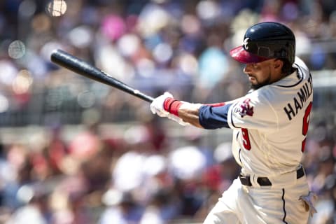 ATLANTA, GA – SEPTEMBER 22: Billy Hamilton #9 of the Atlanta Braves singles in the third inning against the San Francisco Giants at SunTrust Park on September 22, 2019 in Atlanta, Georgia. (Photo by Carmen Mandato/Getty Images)