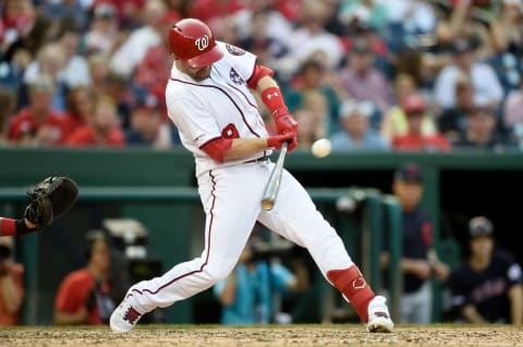 WASHINGTON, DC – SEPTEMBER 29: Brian Dozier #9 of the Washington Nationals hits a single in the eighth inning against the Cleveland Indians at Nationals Park on September 29, 2019 in Washington, DC. (Photo by Greg Fiume/Getty Images)