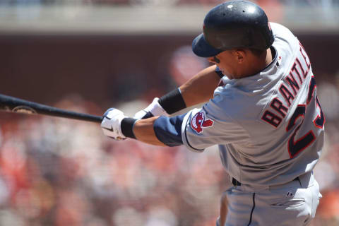 SAN FRANCISCO, CA – JUNE 25: Michael Brantley #23 of the Cleveland Indians doubles against the San Francisco Giants at AT&T Park on June 25, 2011 in San Francisco, California. (Photo by Jed Jacobsohn/Getty Images)