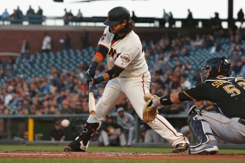 SAN FRANCISCO, CALIFORNIA – SEPTEMBER 10: Brandon Crawford #35 of the San Francisco Giants hits an RBI single in the bottom of the first inning against the Pittsburgh Pirates at Oracle Park on September 10, 2019 in San Francisco, California. (Photo by Lachlan Cunningham/Getty Images)