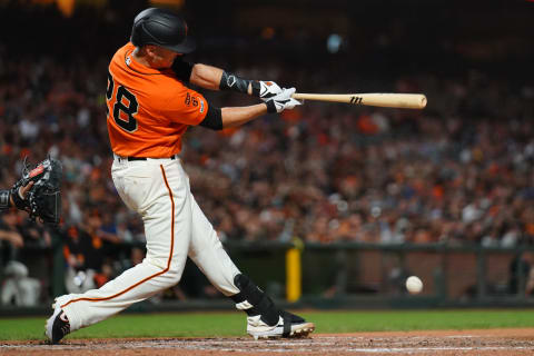 SAN FRANCISCO, CALIFORNIA – SEPTEMBER 13: Buster Posey #28 of the San Francisco Giants hits an RBI single during the sixth inning against the Miami Marlins at Oracle Park on September 13, 2019 in San Francisco, California. (Photo by Daniel Shirey/Getty Images)