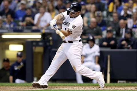 MILWAUKEE, WISCONSIN – SEPTEMBER 17: Mike Moustakas #11 of the Milwaukee Brewers flies out in the fourth inning against the San Diego Padres at Miller Park on September 17, 2019 in Milwaukee, Wisconsin. (Photo by Dylan Buell/Getty Images)